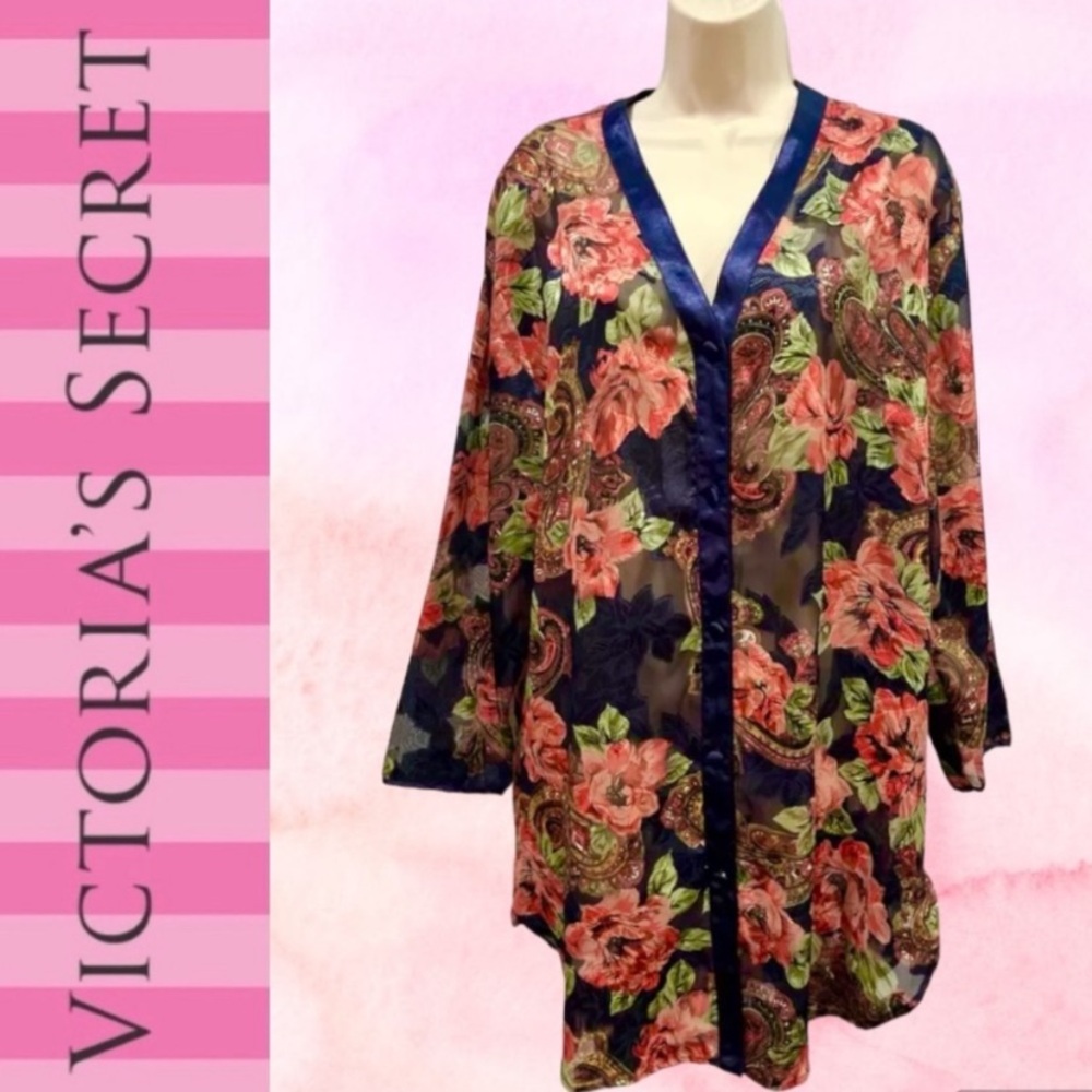 Vintage VS gold label navy semi-sheer floral and paisley burnout night shirt-M/L